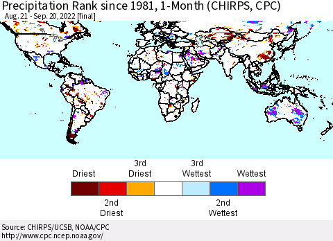 World Precipitation Rank since 1981, 1-Month (CHIRPS) Thematic Map For 8/21/2022 - 9/20/2022