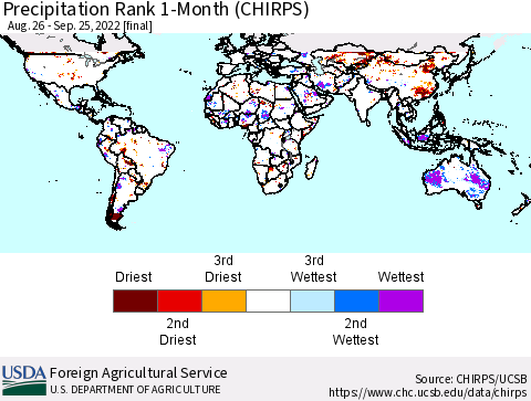 World Precipitation Rank since 1981, 1-Month (CHIRPS) Thematic Map For 8/26/2022 - 9/25/2022