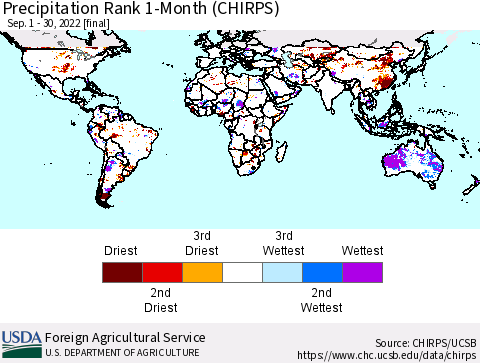 World Precipitation Rank since 1981, 1-Month (CHIRPS) Thematic Map For 9/1/2022 - 9/30/2022