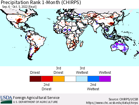 World Precipitation Rank since 1981, 1-Month (CHIRPS) Thematic Map For 9/6/2022 - 10/5/2022