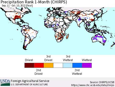 World Precipitation Rank since 1981, 1-Month (CHIRPS) Thematic Map For 9/11/2022 - 10/10/2022