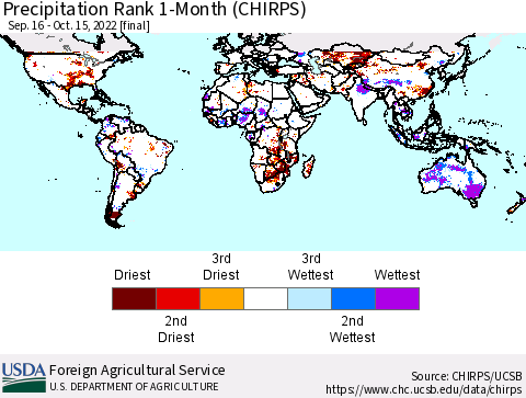 World Precipitation Rank since 1981, 1-Month (CHIRPS) Thematic Map For 9/16/2022 - 10/15/2022