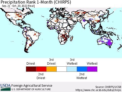 World Precipitation Rank since 1981, 1-Month (CHIRPS) Thematic Map For 9/21/2022 - 10/20/2022