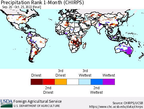 World Precipitation Rank since 1981, 1-Month (CHIRPS) Thematic Map For 9/26/2022 - 10/25/2022
