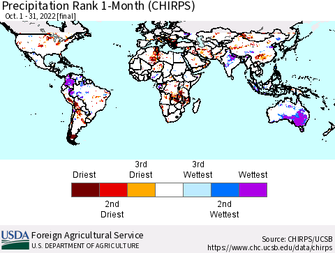 World Precipitation Rank since 1981, 1-Month (CHIRPS) Thematic Map For 10/1/2022 - 10/31/2022