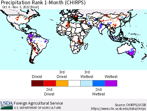 World Precipitation Rank since 1981, 1-Month (CHIRPS) Thematic Map For 10/6/2022 - 11/5/2022