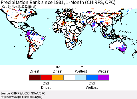 World Precipitation Rank since 1981, 1-Month (CHIRPS) Thematic Map For 10/6/2022 - 11/5/2022