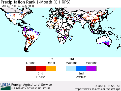 World Precipitation Rank since 1981, 1-Month (CHIRPS) Thematic Map For 10/11/2022 - 11/10/2022