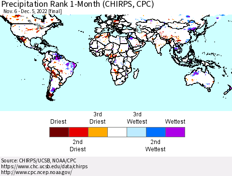 World Precipitation Rank since 1981, 1-Month (CHIRPS) Thematic Map For 11/6/2022 - 12/5/2022