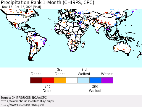 World Precipitation Rank since 1981, 1-Month (CHIRPS) Thematic Map For 11/16/2022 - 12/15/2022