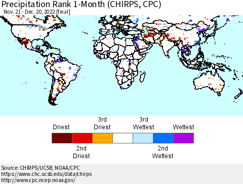 World Precipitation Rank since 1981, 1-Month (CHIRPS) Thematic Map For 11/21/2022 - 12/20/2022