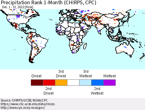 World Precipitation Rank since 1981, 1-Month (CHIRPS) Thematic Map For 12/1/2022 - 12/31/2022