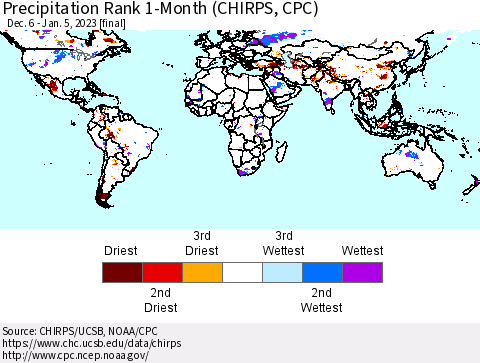 World Precipitation Rank since 1981, 1-Month (CHIRPS) Thematic Map For 12/6/2022 - 1/5/2023