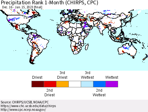 World Precipitation Rank since 1981, 1-Month (CHIRPS) Thematic Map For 12/16/2022 - 1/15/2023