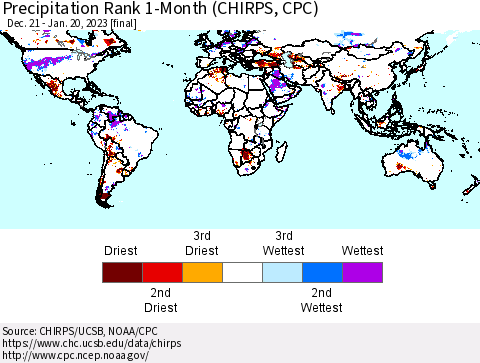 World Precipitation Rank since 1981, 1-Month (CHIRPS) Thematic Map For 12/21/2022 - 1/20/2023