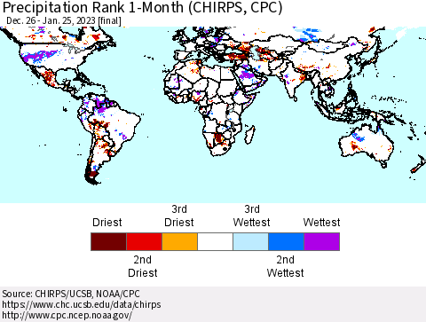 World Precipitation Rank since 1981, 1-Month (CHIRPS) Thematic Map For 12/26/2022 - 1/25/2023