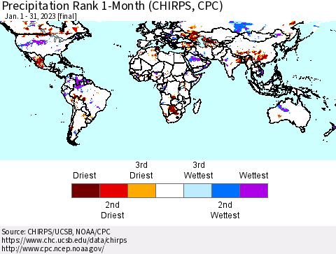 World Precipitation Rank since 1981, 1-Month (CHIRPS) Thematic Map For 1/1/2023 - 1/31/2023
