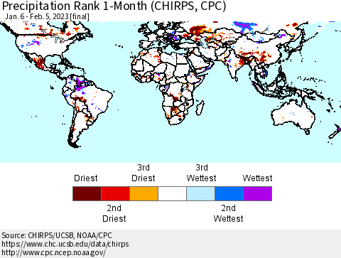 World Precipitation Rank since 1981, 1-Month (CHIRPS) Thematic Map For 1/6/2023 - 2/5/2023