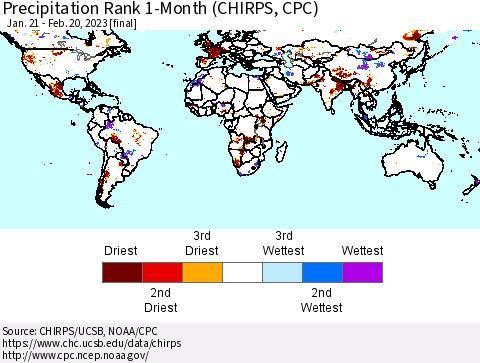 World Precipitation Rank since 1981, 1-Month (CHIRPS) Thematic Map For 1/21/2023 - 2/20/2023