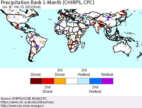 World Precipitation Rank since 1981, 1-Month (CHIRPS) Thematic Map For 1/26/2023 - 2/25/2023