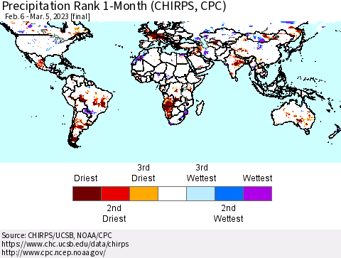 World Precipitation Rank since 1981, 1-Month (CHIRPS) Thematic Map For 2/6/2023 - 3/5/2023