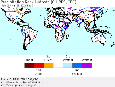 World Precipitation Rank since 1981, 1-Month (CHIRPS) Thematic Map For 2/26/2023 - 3/25/2023