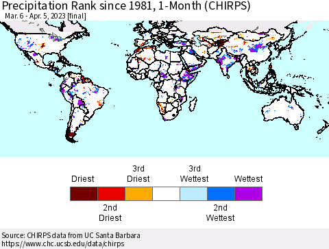World Precipitation Rank since 1981, 1-Month (CHIRPS) Thematic Map For 3/6/2023 - 4/5/2023