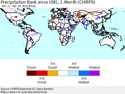 World Precipitation Rank since 1981, 1-Month (CHIRPS) Thematic Map For 3/11/2023 - 4/10/2023