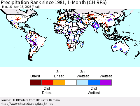 World Precipitation Rank since 1981, 1-Month (CHIRPS) Thematic Map For 3/16/2023 - 4/15/2023