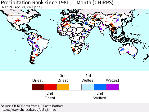 World Precipitation Rank since 1981, 1-Month (CHIRPS) Thematic Map For 3/21/2023 - 4/20/2023