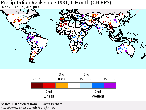 World Precipitation Rank since 1981, 1-Month (CHIRPS) Thematic Map For 3/26/2023 - 4/25/2023