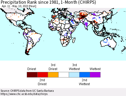 World Precipitation Rank since 1981, 1-Month (CHIRPS) Thematic Map For 4/11/2023 - 5/10/2023