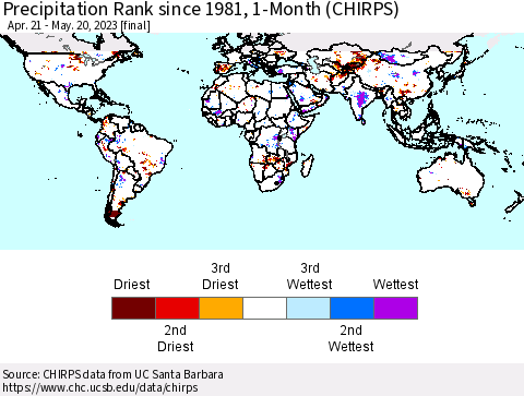 World Precipitation Rank since 1981, 1-Month (CHIRPS) Thematic Map For 4/21/2023 - 5/20/2023