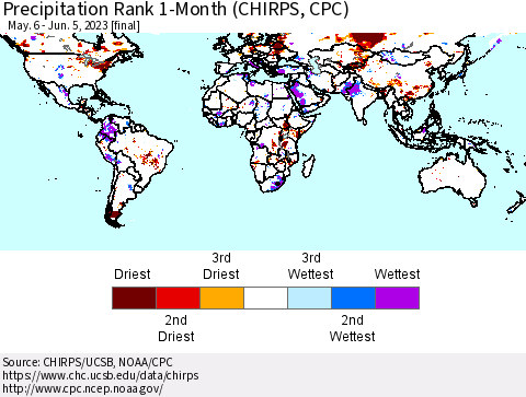World Precipitation Rank since 1981, 1-Month (CHIRPS) Thematic Map For 5/6/2023 - 6/5/2023