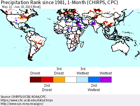 World Precipitation Rank since 1981, 1-Month (CHIRPS) Thematic Map For 5/11/2023 - 6/10/2023