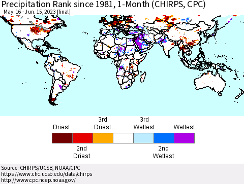 World Precipitation Rank since 1981, 1-Month (CHIRPS) Thematic Map For 5/16/2023 - 6/15/2023