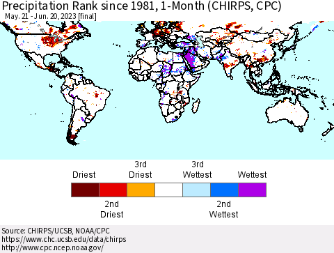 World Precipitation Rank since 1981, 1-Month (CHIRPS) Thematic Map For 5/21/2023 - 6/20/2023
