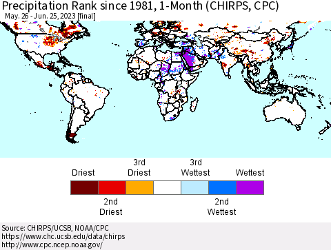 World Precipitation Rank since 1981, 1-Month (CHIRPS) Thematic Map For 5/26/2023 - 6/25/2023