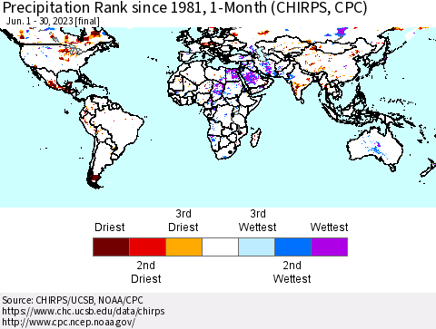World Precipitation Rank since 1981, 1-Month (CHIRPS) Thematic Map For 6/1/2023 - 6/30/2023