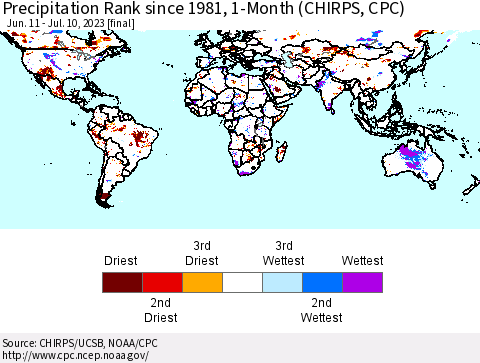 World Precipitation Rank since 1981, 1-Month (CHIRPS) Thematic Map For 6/11/2023 - 7/10/2023