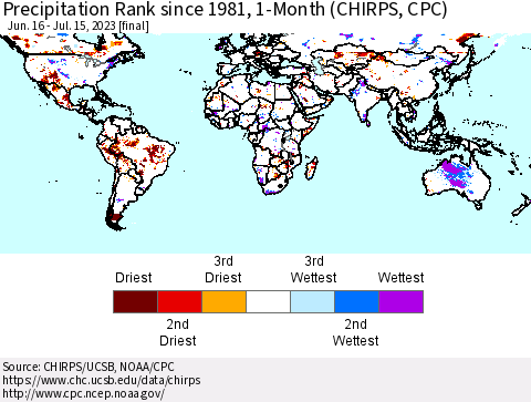 World Precipitation Rank since 1981, 1-Month (CHIRPS) Thematic Map For 6/16/2023 - 7/15/2023