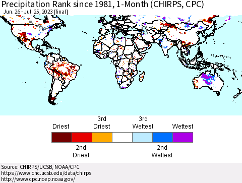 World Precipitation Rank since 1981, 1-Month (CHIRPS) Thematic Map For 6/26/2023 - 7/25/2023