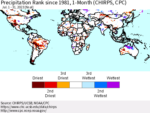 World Precipitation Rank since 1981, 1-Month (CHIRPS) Thematic Map For 7/1/2023 - 7/31/2023