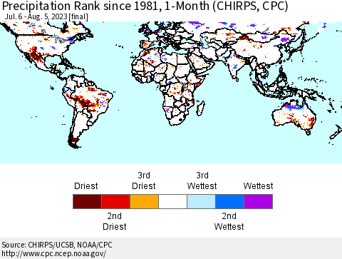 World Precipitation Rank since 1981, 1-Month (CHIRPS) Thematic Map For 7/6/2023 - 8/5/2023
