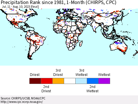 World Precipitation Rank since 1981, 1-Month (CHIRPS) Thematic Map For 7/11/2023 - 8/10/2023