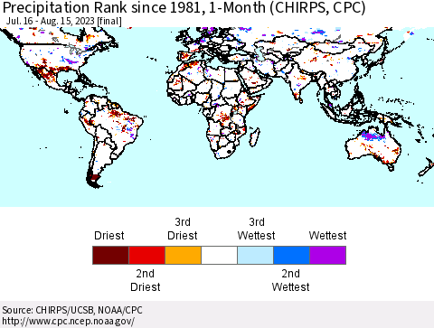 World Precipitation Rank since 1981, 1-Month (CHIRPS) Thematic Map For 7/16/2023 - 8/15/2023