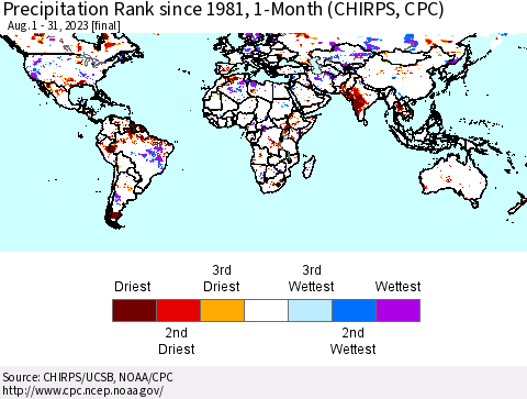 World Precipitation Rank since 1981, 1-Month (CHIRPS) Thematic Map For 8/1/2023 - 8/31/2023
