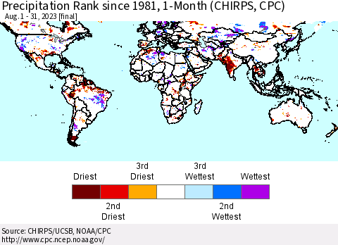 World Precipitation Rank since 1981, 1-Month (CHIRPS) Thematic Map For 8/1/2023 - 8/31/2023