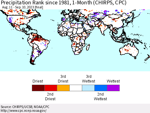 World Precipitation Rank since 1981, 1-Month (CHIRPS) Thematic Map For 8/11/2023 - 9/10/2023