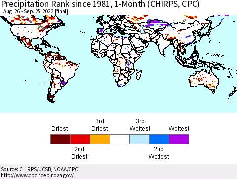 World Precipitation Rank since 1981, 1-Month (CHIRPS) Thematic Map For 8/26/2023 - 9/25/2023